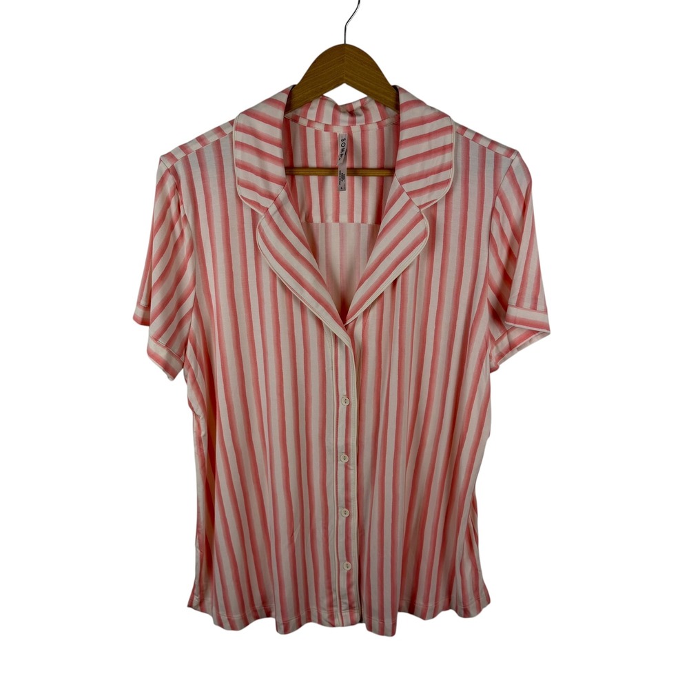 Soma Cool Nights Pink Striped Button Front Pajama Top Large Soft Stretch Comfy